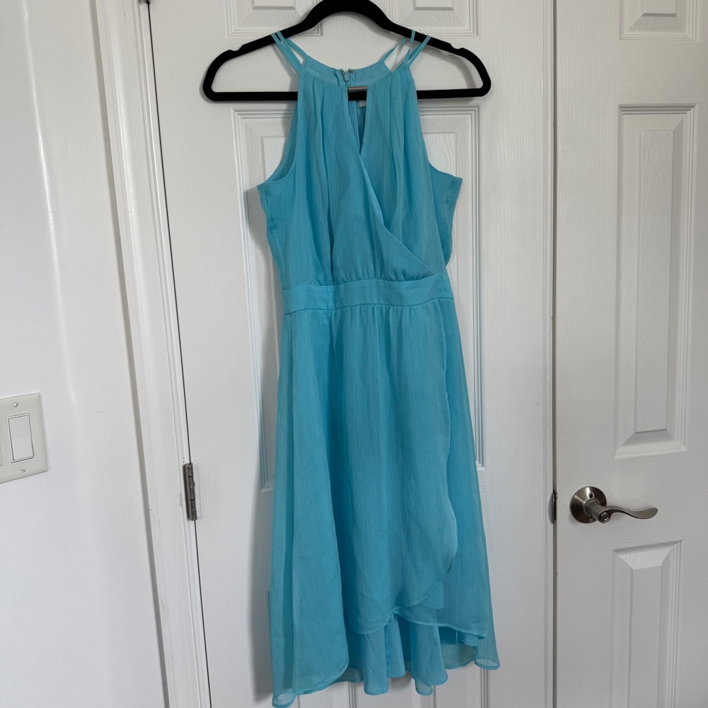 White House Black Market Baby Blue Halter High Low Chiffon Dress Size 0 EUC - Picture 3 of 14